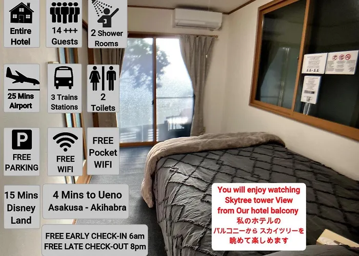Entire Hotel Beside Asakusa, Ueno, Akihabara And Tokyo Skytree Tower Between 3 Train Stations And Contains 3 Bedrooms, 2 Bathrooms And 2 Toilets For 14 Guests